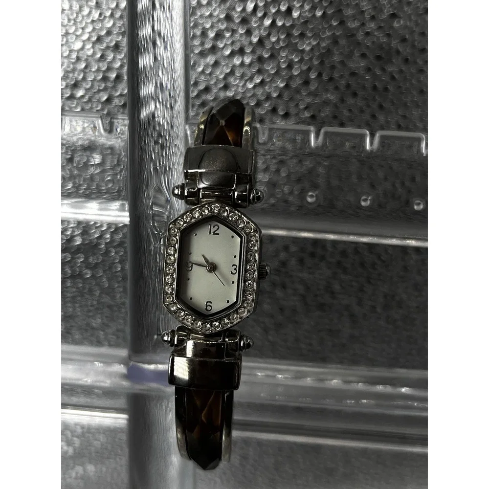 Vintage Tortoise Enamel White/Silver DIAL Women Bejeweled Cuff Rhinestone Watch